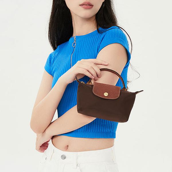 Longchamp Le Pliage Original Series Krátká rukojeť Látka Kůže Taška knedlík Kosmetická taška Tote Dámské tašky Hnědá 34175089P81