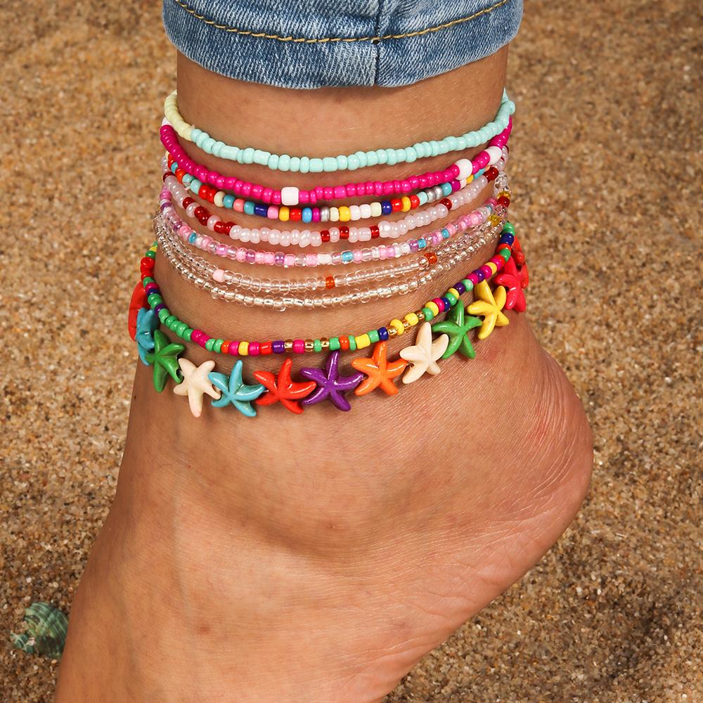 10Pcs Bohemian Handmade Colorful Beads Anklets for Women Girls Beaded Starfish Ankle Bracelet Summer Beach Jewelry Gifts