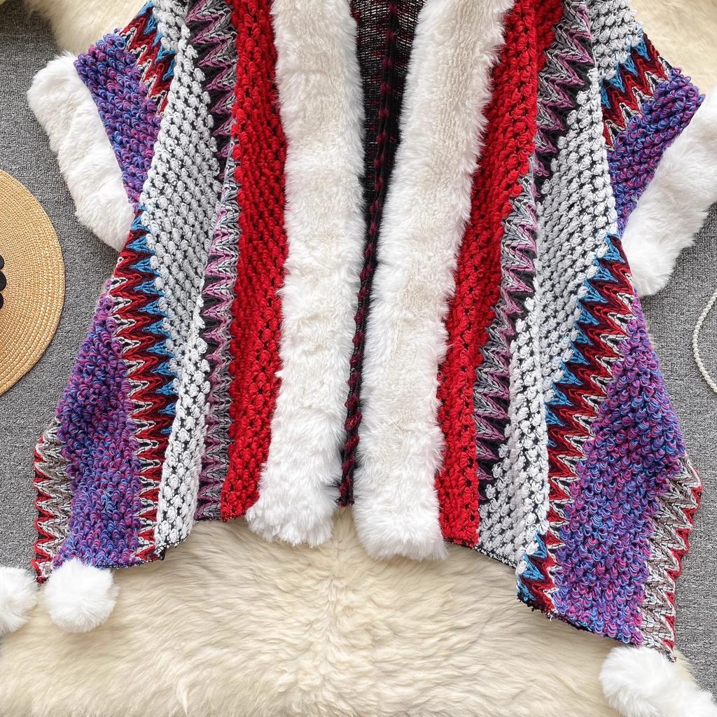 Chic Ethnic Style Color Collision Shawl Sweater Jacket Women Patchwork Soft Warm Hairball Cape Cloak  Knitted Cardigan