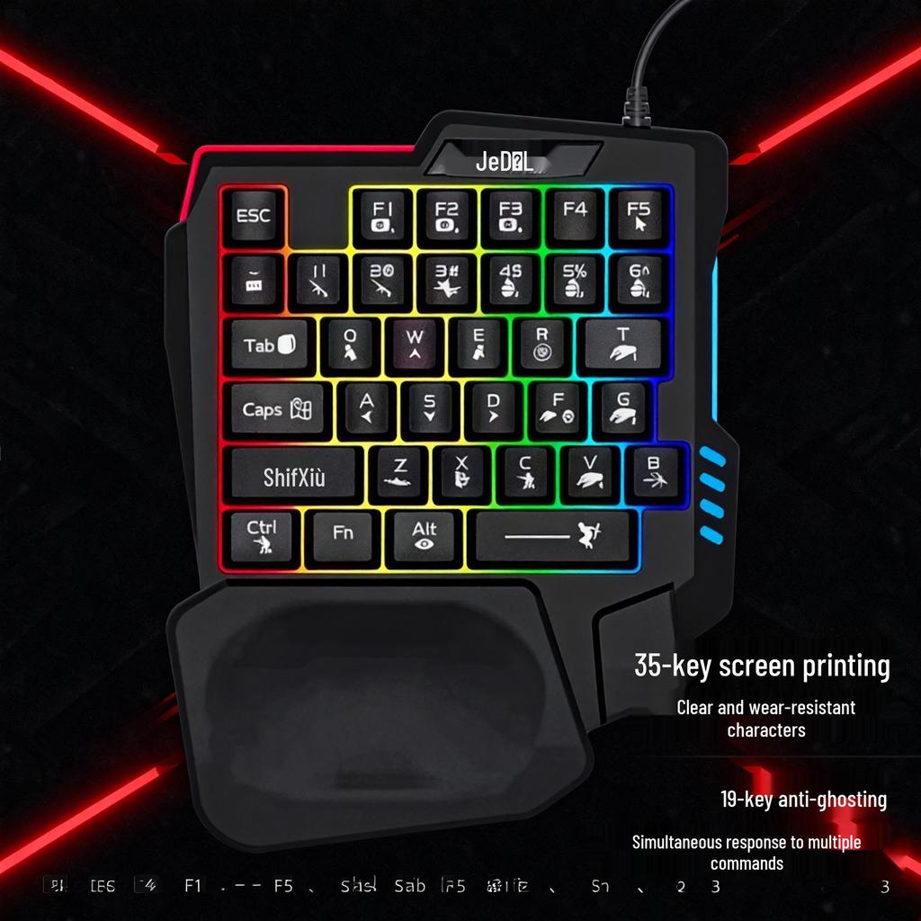 Single-Handed Mechanical Keyboard with RGB Lighting & Wrist Rest for PUBG/FPS