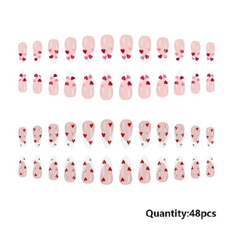 Women's Valentine Special Press On Nail 48Pcs Red Heart Glitters White French Design Multiple Sizes Easy Apply