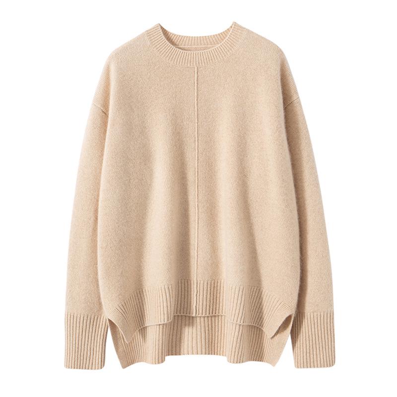 

Женский осенне-зимний свободный кашемировый свитер - Универсальный круглый вырез, Удлиненная спинка, Разрез спереди, Плотная вязка One Size