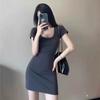Pure Desire Style U-neck Low-cut T-shirt Hip Skirt Black Dress Women's Tight Sexy Short Skirt Slim and Thin Bottoming Skirt