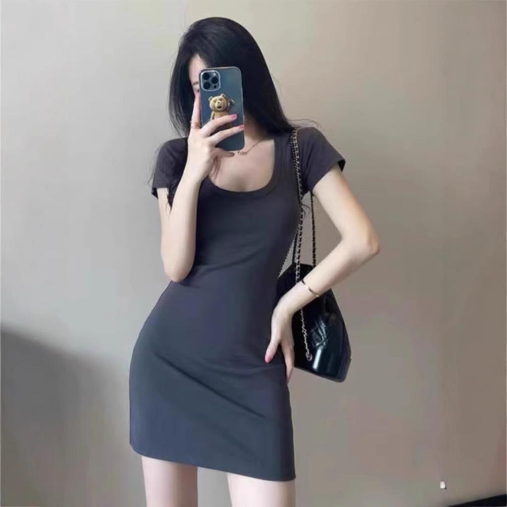 Pure Desire Style U-neck Low-cut T-shirt Hip Skirt Black Dress Women's Tight Sexy Short Skirt Slim and Thin Bottoming Skirt