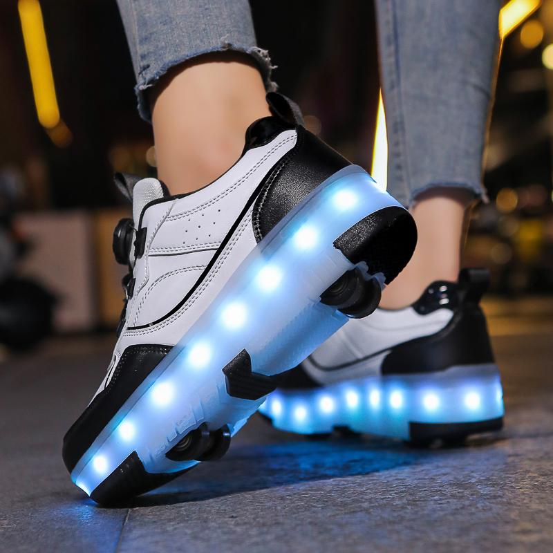 Kid's Rotating Button Wear Quick Four Wheel Running Shoes with Wheels Sports Shoes USB Charging LED Light Sports Shoes Girls Roller Skates