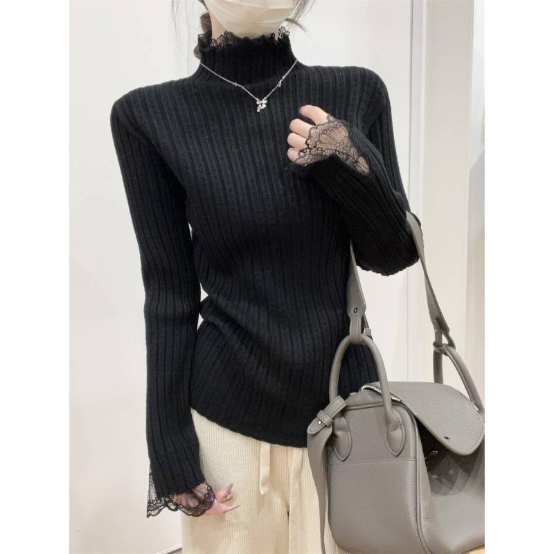 Premium semi-turtleneck lace knitted sweater inside, autumn and winter slim-fitting and thin top, bottom sweater women