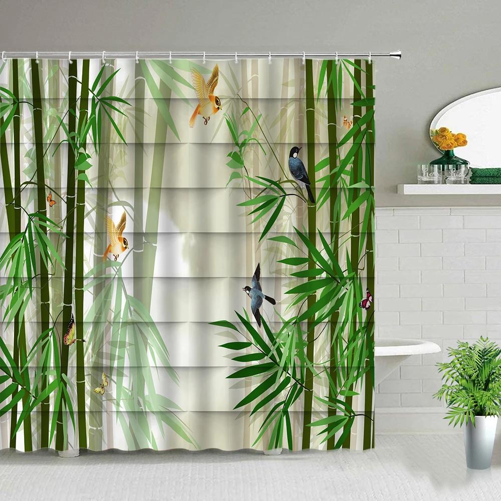 Chinese Style Green Bamboo Series Shower Curtain Set Waterproof Home Bathroom Decor Curtains With Hook Popular Bath Accessories
