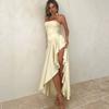 Ins summer tube top back strap pleated irregular high split long party dress dress