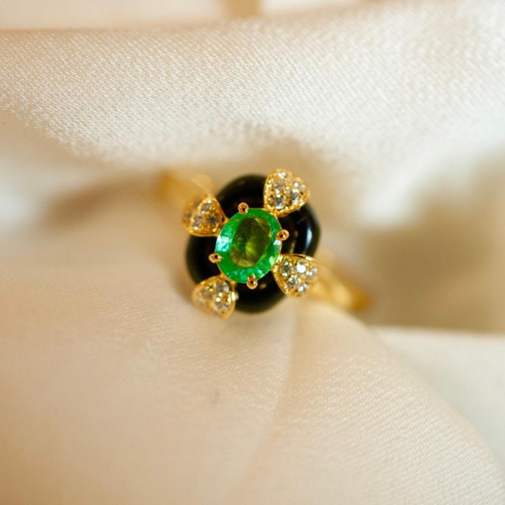 Vintage Style Simulated Emerald Green Gemstone Women Elegant Black Onyx Adjustable Statement Jewelry