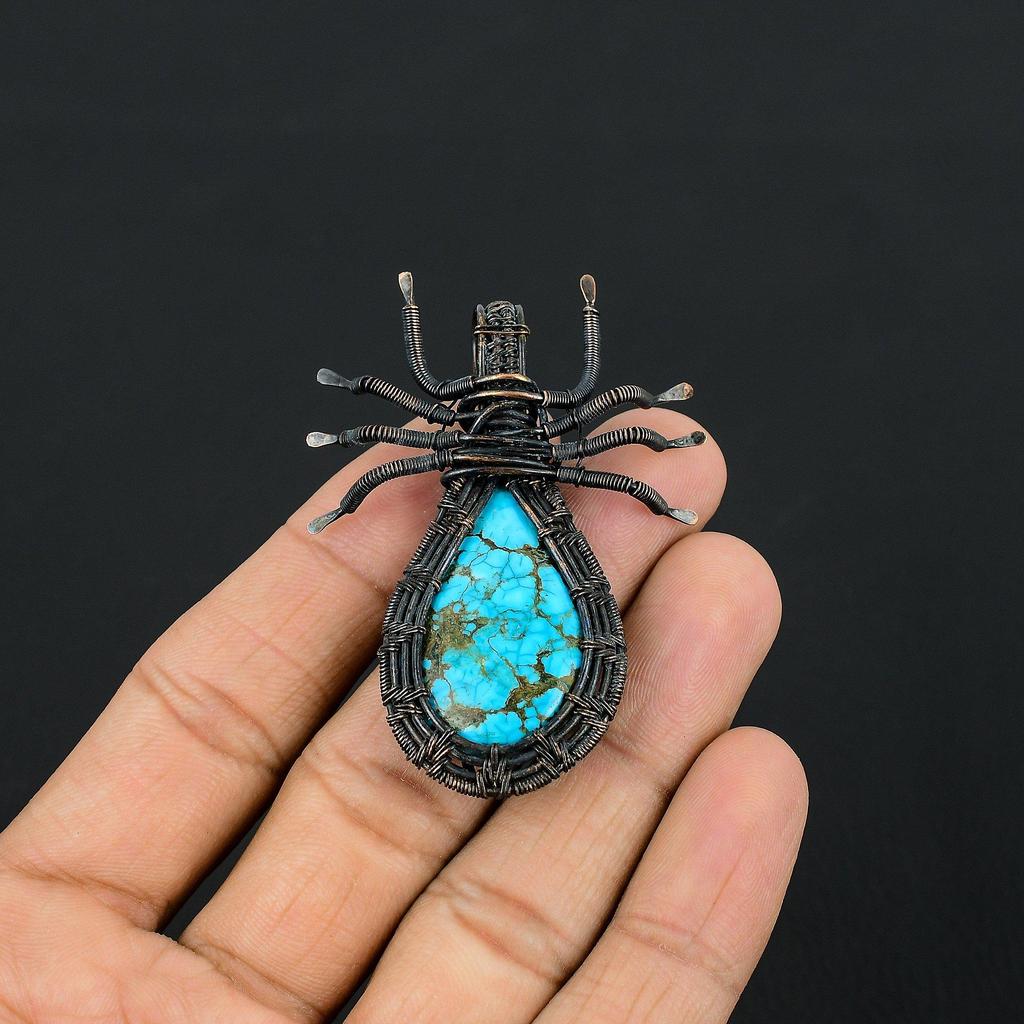 Tibetan Turquoise Pendant, 999 Copper Wire Wrapped Gemstone Spider Shaped Jewelry, Handmade Pendant, For Thanksgiving
