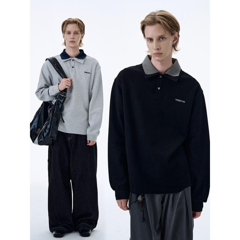 Kisko American Retro Embroidered Fake Two-Piece Preppy Style Polo Shirt for Men and Women, High-End Loose Casual Long-Sleeved T-Shirt