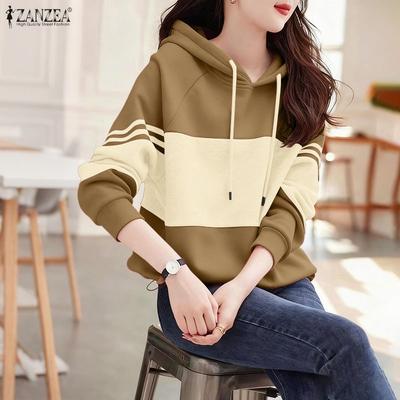 Women Hoodies Casual Long Sleeve Patchwork Pullover Hooded Sweatshirts