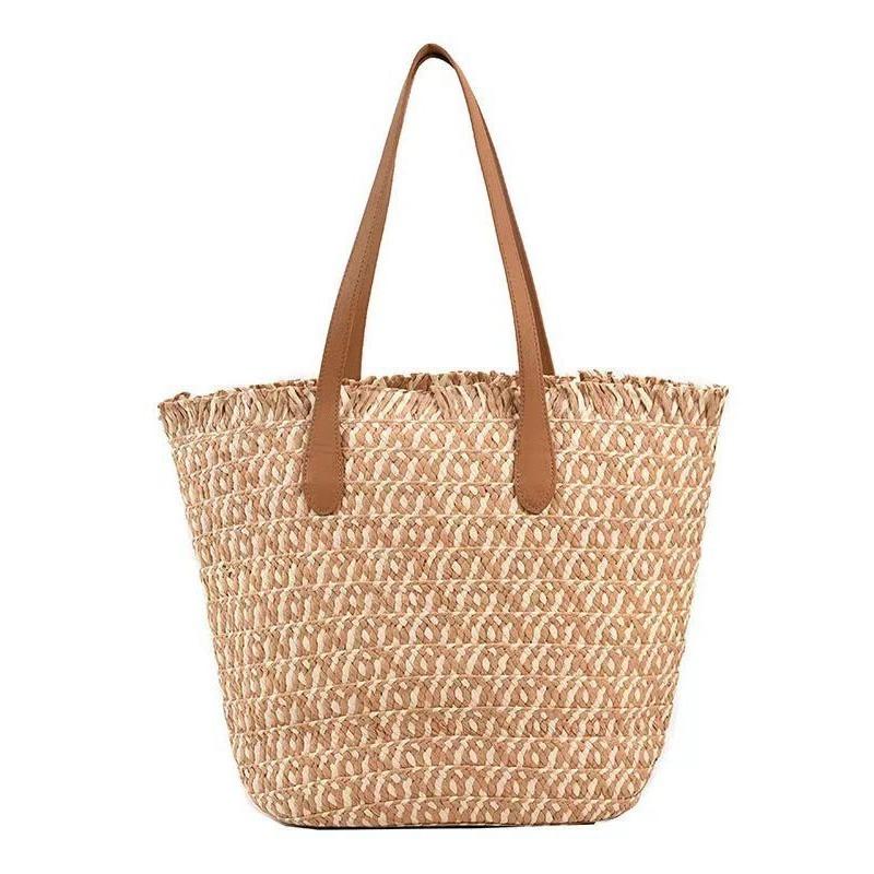 

New versatile straw woven bag machine nail woven bag women s large-capacity seaside vacation tote vegetable basket shoulder bag welt zipper