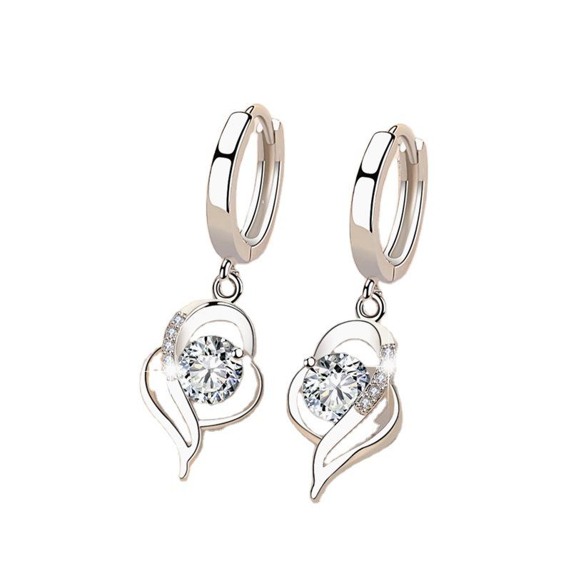 Runxin Elegant Heart Rhinestone Dangle Hoop Earrings for Women - Japanese Korean Fashion Style