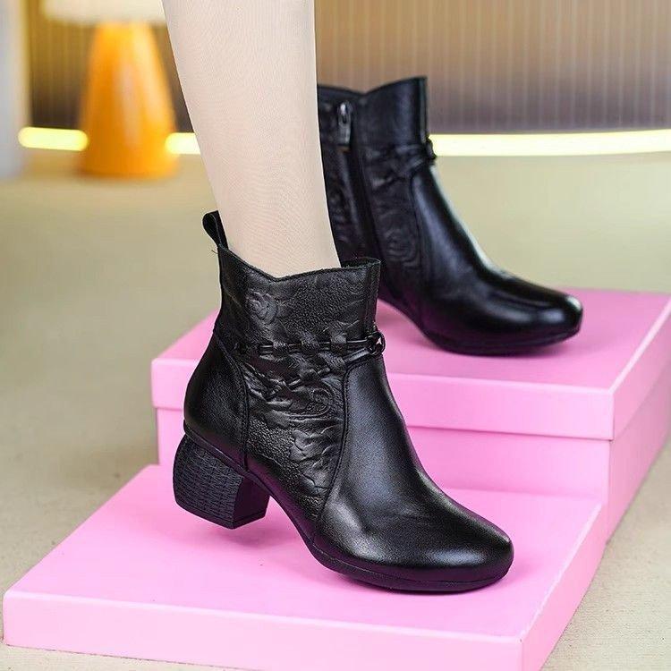Fleece Mid-heel Women's Boots, Soft Leather, New Autumn and Winter Thick-heeled Shoes