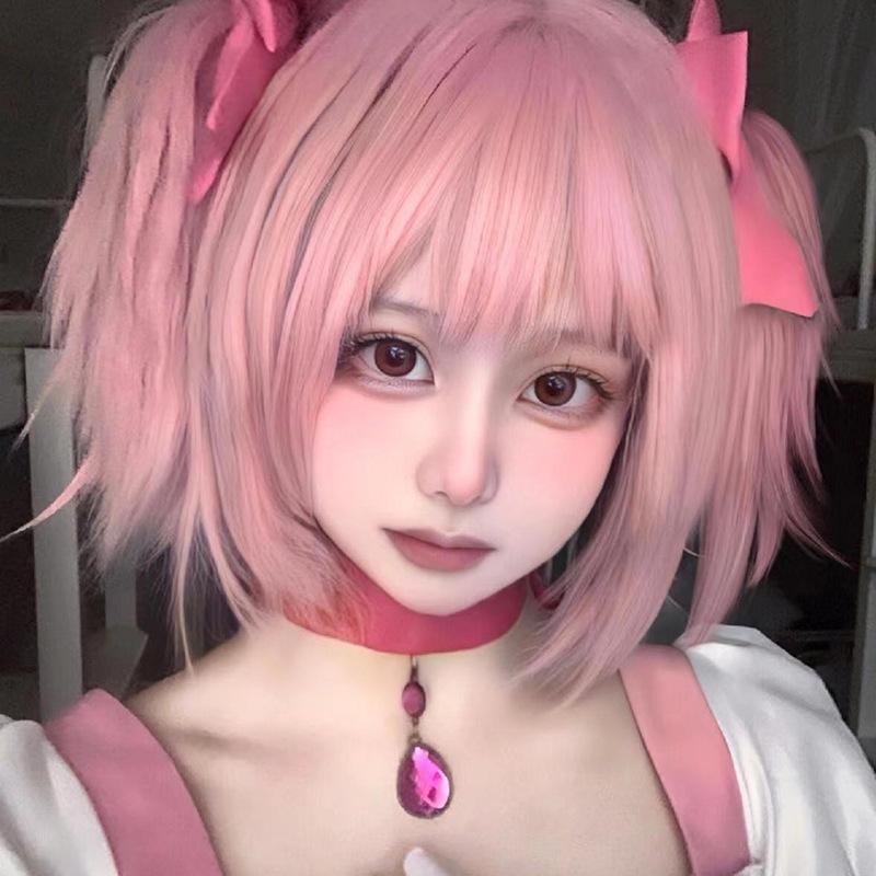 Kaname Madoka Cosplay Wig - Pink Short Straight Hair with Pigtails and Headgear