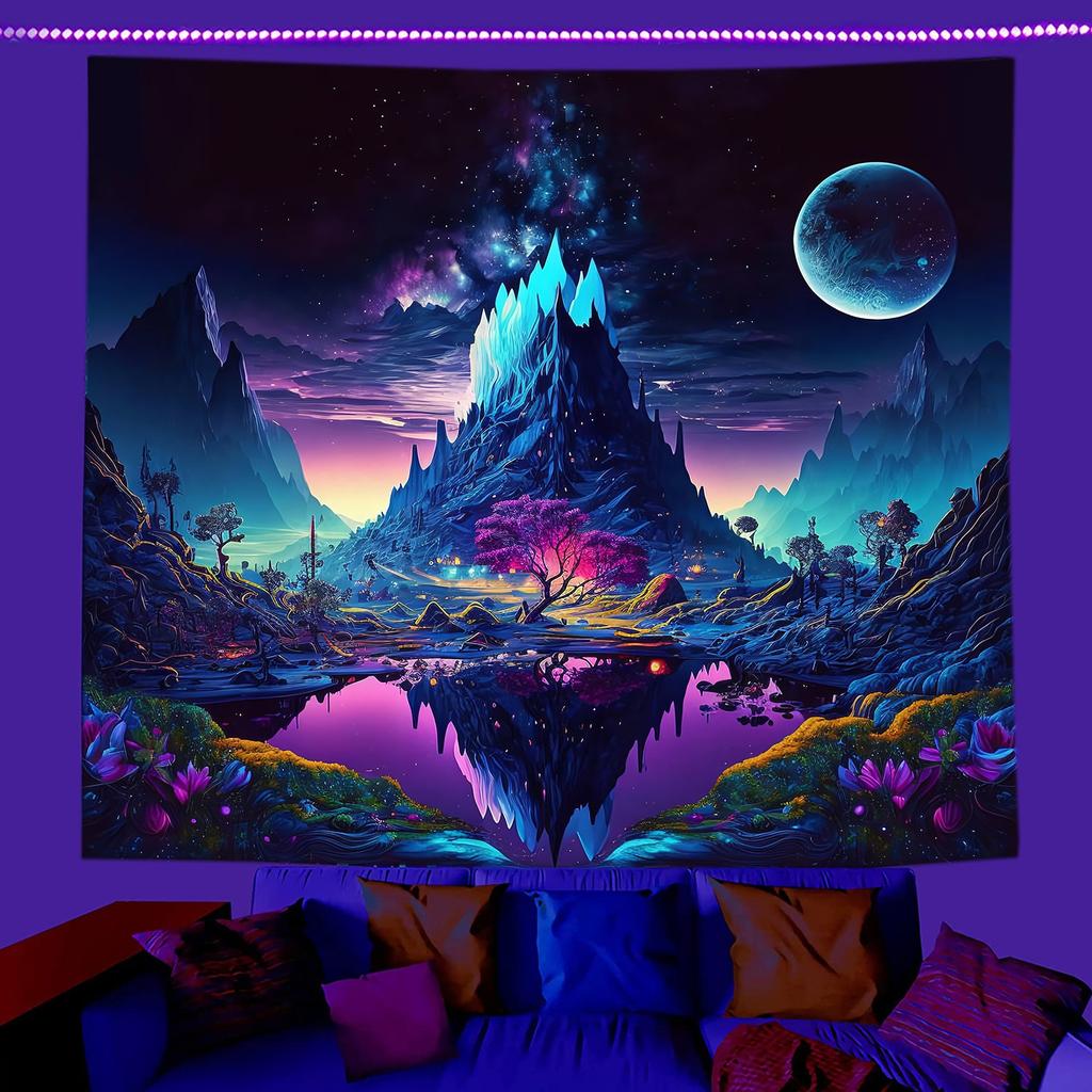 Blacklight Tapestry UV Reactive Meditation Zen Wall Hanging Peach Skin 2D Flat Print Psychedelic Fractal Decor for Bedroom