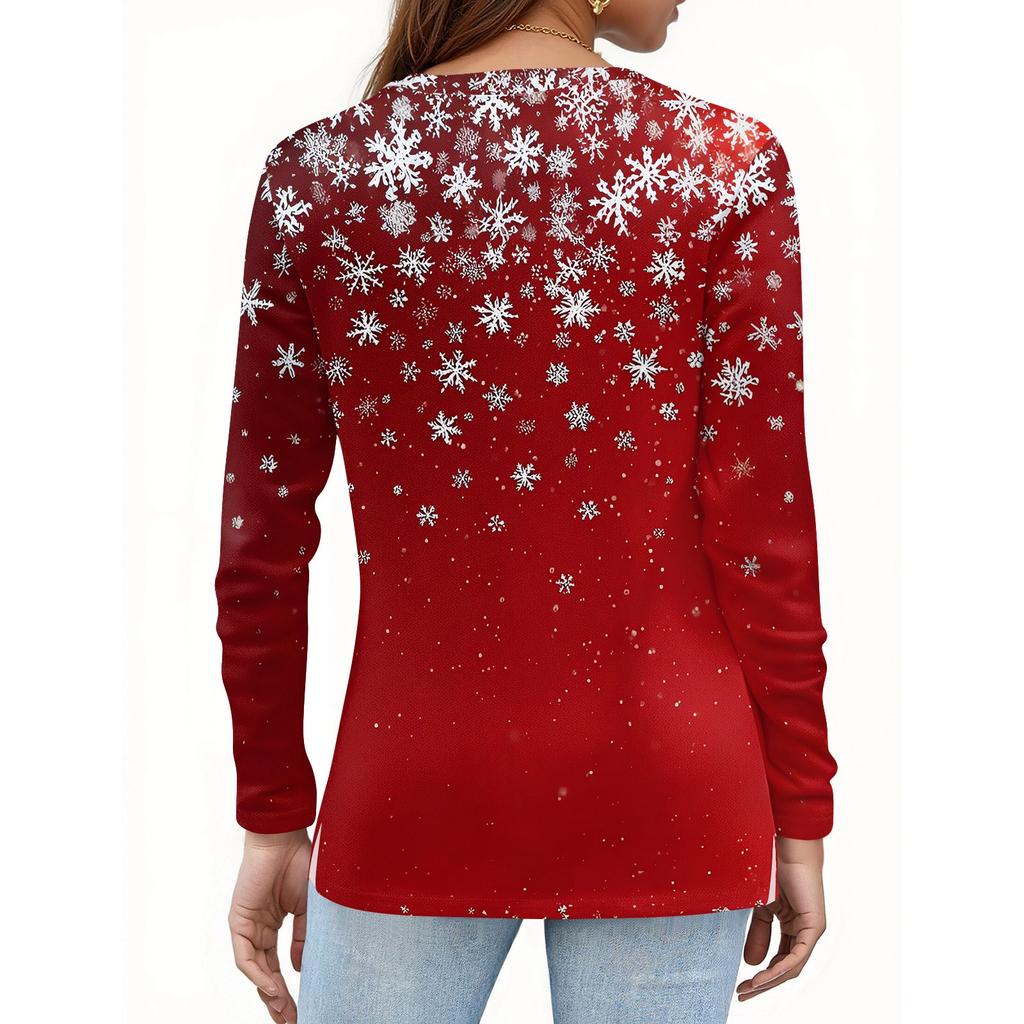 Women's Fashion Casual Slit Hem Round Neck Long Sleeve Loose Christmas Printed T-Shirt Ladies Top