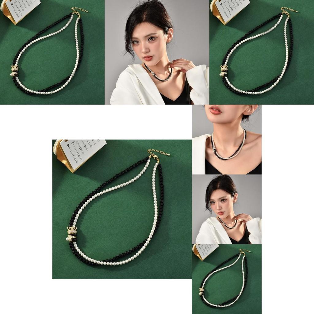 Vintage Inspired Black And White Crystal Pearl Choker Necklace Featuring Adorable Panda Charm