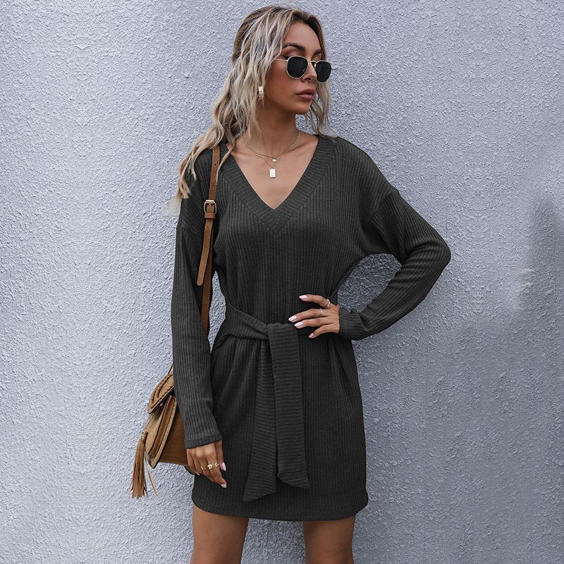 YYFS Women's Fashion Autumn Winter Solid Color Print Long Sleeve V-Neck Knitted Casual Dresses