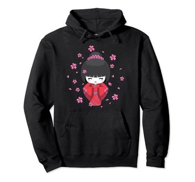 Japanese Cute Kokeshi Doll Kimono and Cherry Blossom Hoodie