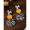 1 Pair European & American Retro Zebra Print Polka Dot Mustard Yellow Color Block Round PU Leather Earrings