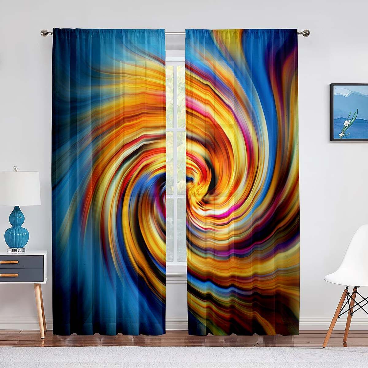 

Голубо-синие психоделические триппи-хиппи с вихревыми тюлевыми шторами для украшения гостиной, шифоновая прозрачная вуаль, занавеска для кухни, спальни 1 PCS W100XH250cm&Grommet Top