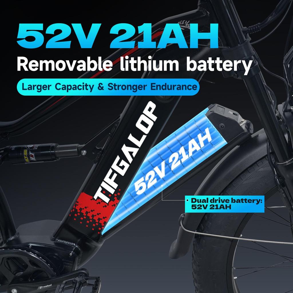 TIFGALOP adult electric bike, 26-inch mountain bike, 1500W motor, 52V 21Ah battery, 40-80 km range, dual shock absorbers, dual drive
