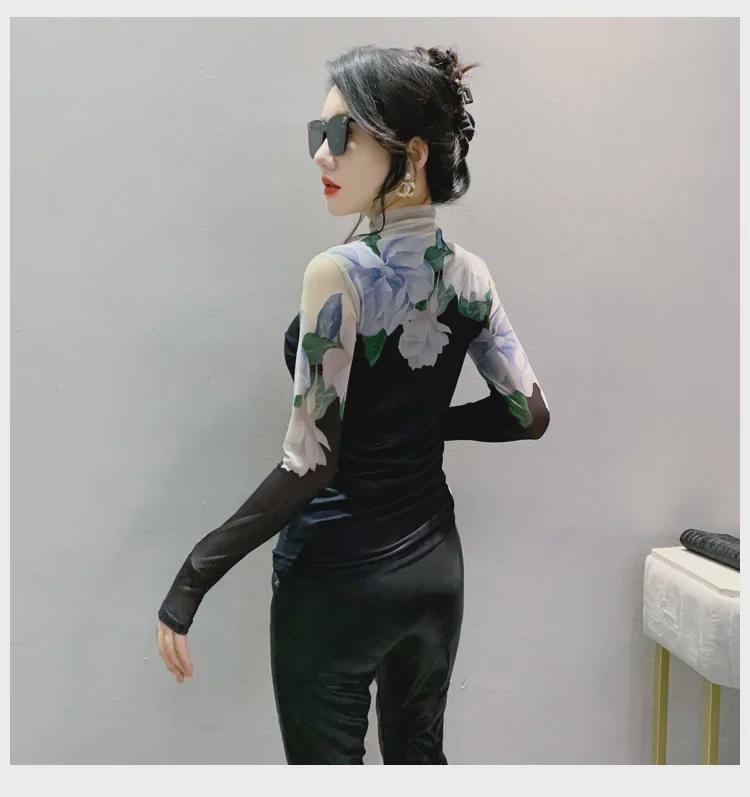 2023 Pulovr s vysokým límcem z květinové síťoviny: Elastické tričko s dlouhým rukávem na podzim/zimu