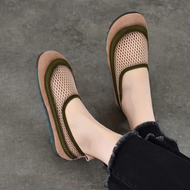 Johnature Breathable Mesh Flat Sandals Mixed Colors Round Toe Soft Soled Women's Slip-on Shoes