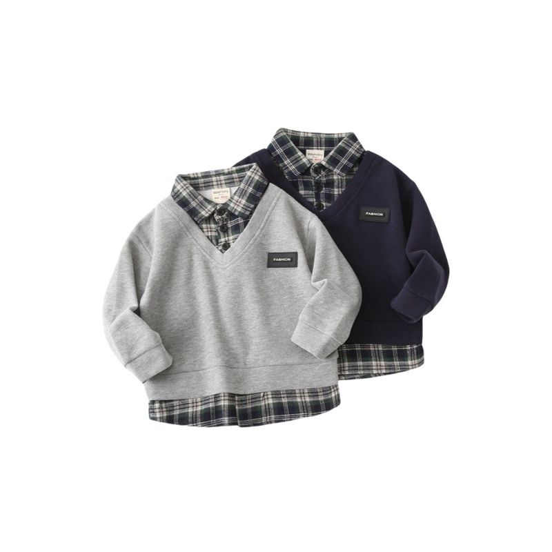 Kids False Two-Piece Sweaters Spring and Autumn K-style Boys' Shirt Patchwork Clothes Baby Boys' Lapel Gingham Shirt