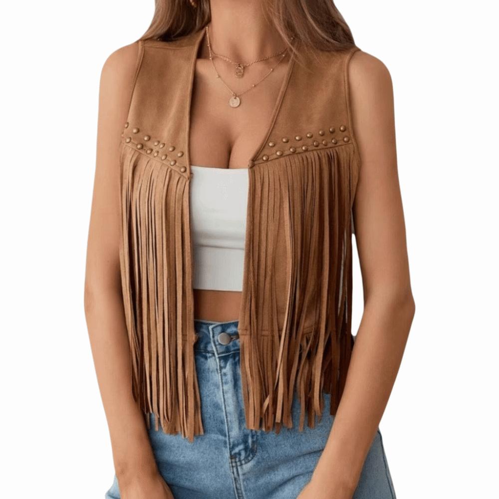 Fashionable Retro Fringed Vest Black/Brown Rivet Detailing Suede Vest Open Front Women'S Vest For Women