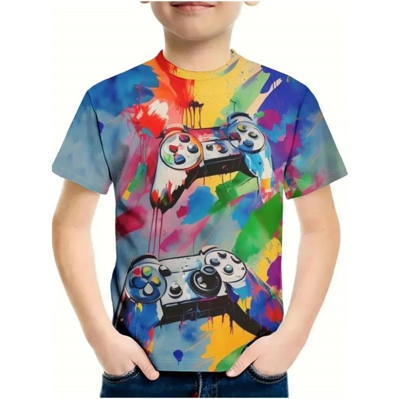 Game Console Themed Colorful Printed Fashionable Cool Boy T-shirt Creative Colorful Soft Comfortable Children's Short Sleeved T-shirt
