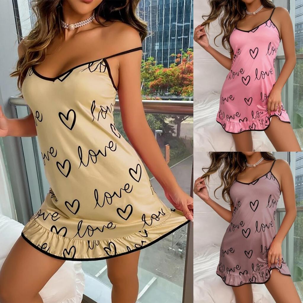 Women's Fashion Sexy Lace Printing Wireless Bra Sexy Loungewear Suspender Nightdress