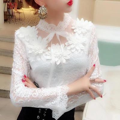 Temperament Lace Bottoming Shirt Women's Autumn and Spring Sweet Stand-up Collar Flowers Sexy Hollow Mesh Top