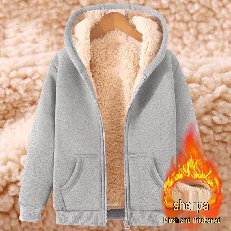 Men s Plus Size Fleece-Lined Lambswool Hoodie - Trendy Versatile Zipper Cardigan for Autumn & Winter XL светло-серый