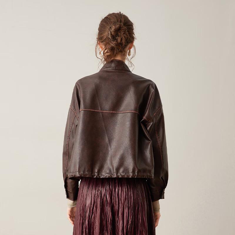 Bailuyu Women's Loose Faux Leather Drawstring Hem Jacket