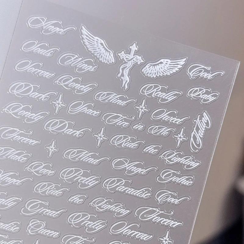 Чорно-білі літерні слова наклейки для нігтів Ангельські крила Змішані дизайни літер Голографічні Y2K Наклейки для декору нігтів своїми руками