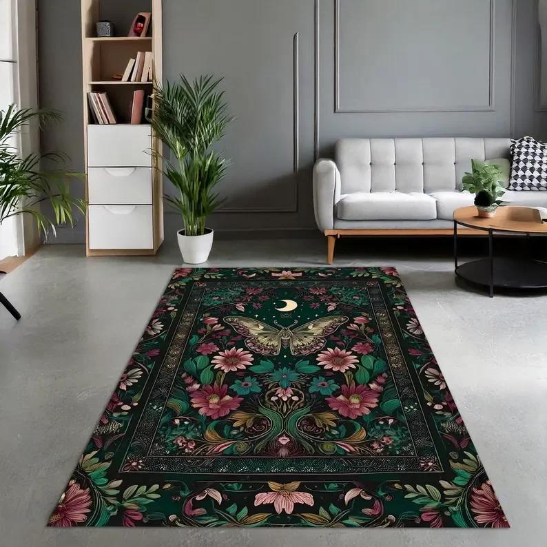 Butterfly Rug Boho Floral Design Night Garden Area Rug Artistic Home Decor Dark Blue Green Pattern Living Room Floor Mat