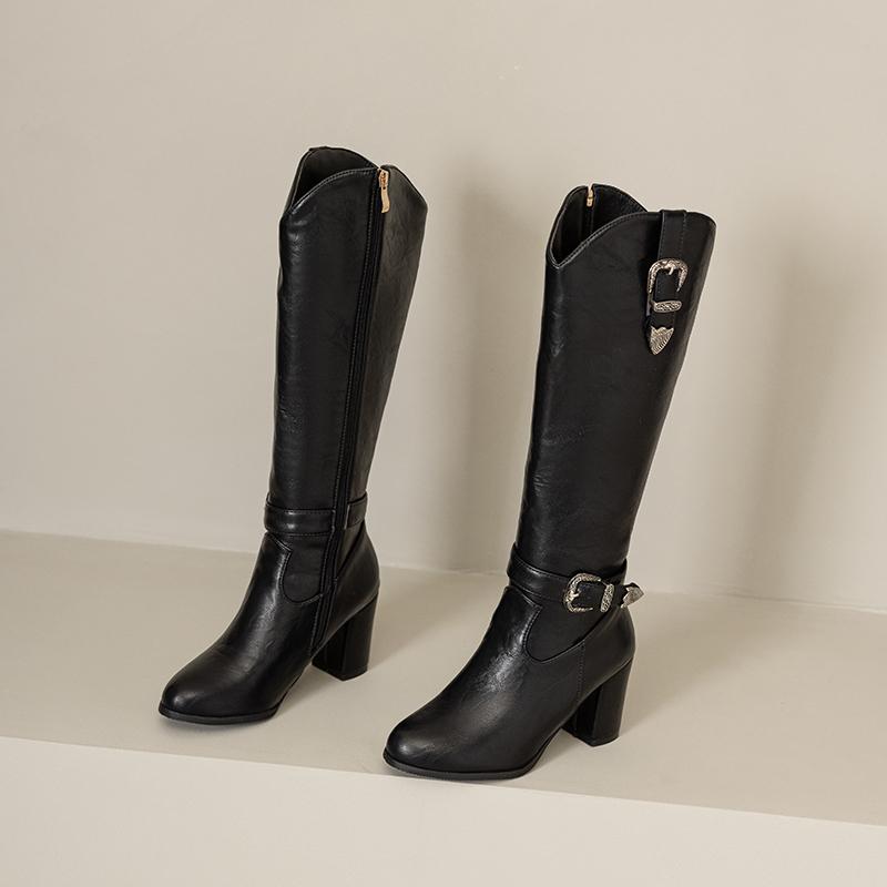 Women's high-heeled boots autumn and winter new solid-color thick-heeled boots versatile large-size Roman medium boots