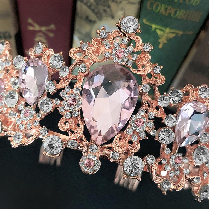 Crystal Pink Crown Bridal Crown Wedding Baroque Queen Golden Big Crown Wedding Dress Accessories Jewelry