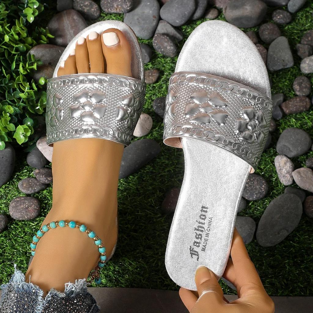 Ladies Casual Slides Female Leather Slippers for Women Shoes Flat Sandals Peep Toe Gold Silver Beach Slippers Flat Shoes