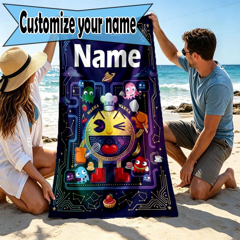 Custom Name Personalized PAC MAN Print Beach Towel, for Trip Camping Beach Party Home Decor, Birthday Gift for Family & Friends