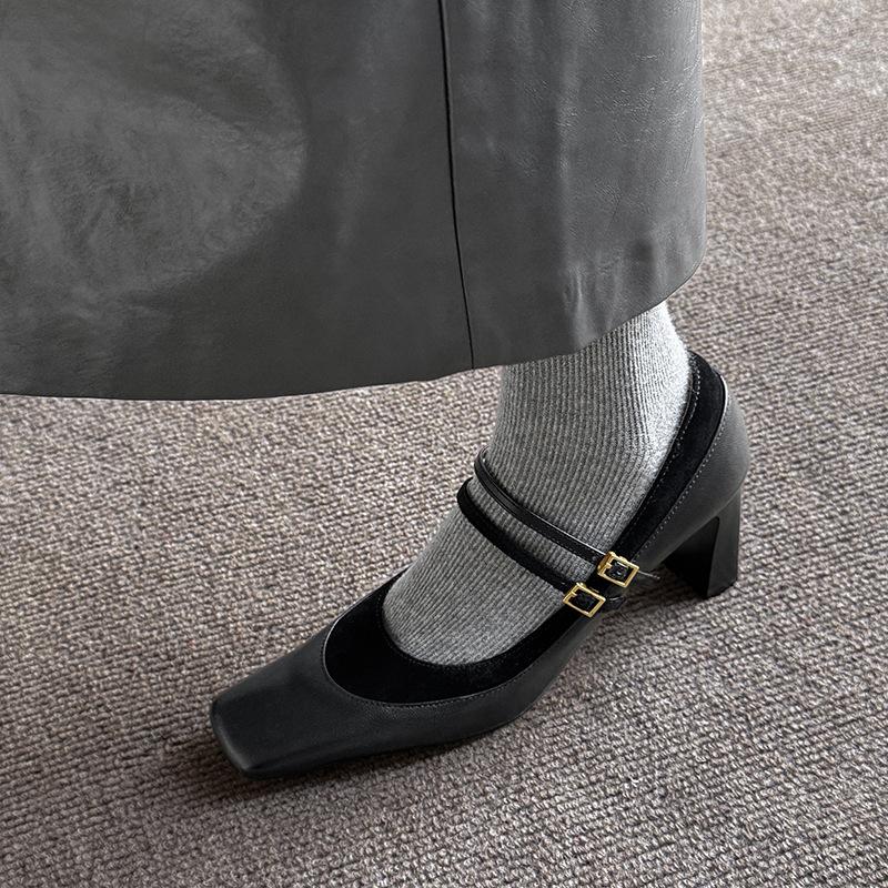 Kara Women's Shoes~ Black Professional High Heels Versatile Splicing Square Head Mary Jane Women's Shoes Double-breasted Thick Heel Single Shoes