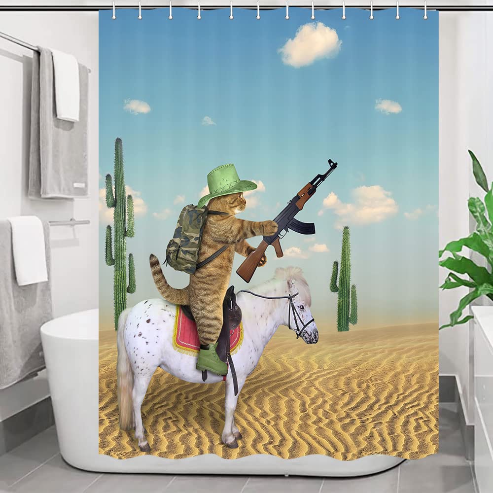Funny Animals Shower Curtain,Cat Cowboy With Rifle Rides A Horse On Green Grass Ranch With Cow Dog Shower Curtains For Bathroom