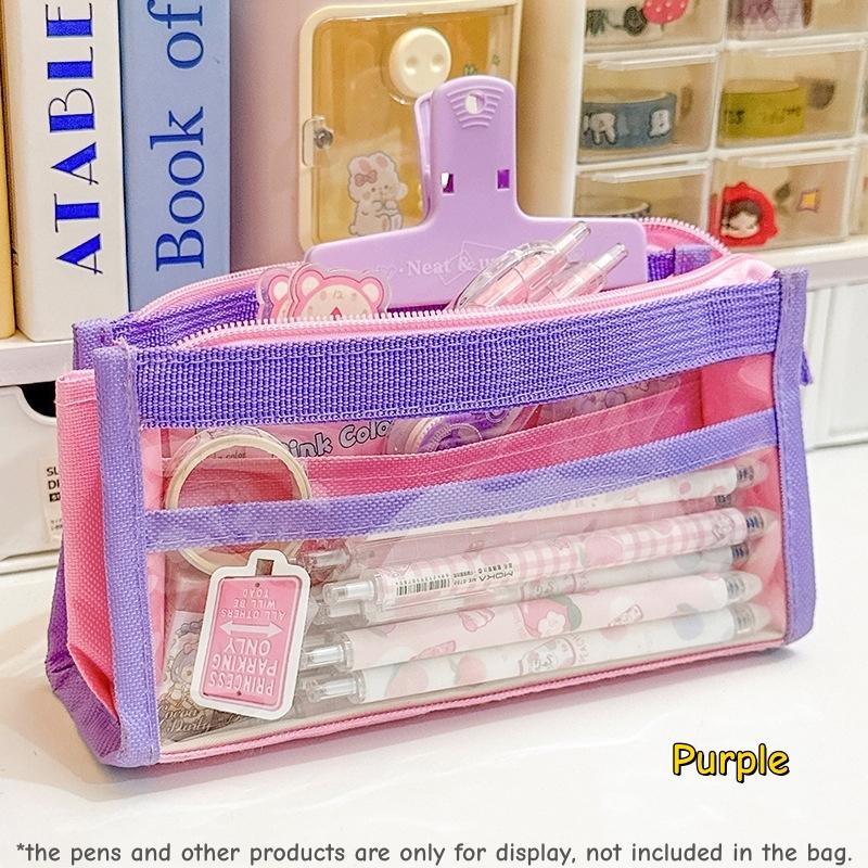 1 st Color Block Transparent PVC Pennskrin Penförvaringspåse för Prov Söta Färger Stor Kapacitet Flerlagers Kontorsmaterial