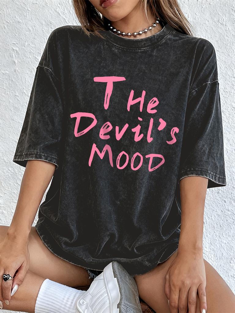The DevilS Mood Letters Printing Washed TShirts Womens Cotton Short Sleeve Tops Street ONeck Oversize T Shirt Summer Clothes