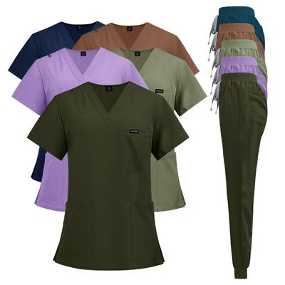 Damen Scrubs Set Joggerhose Henley Zweiteiliges Oberteil und Hose V-Ausschnitt Stretchig Krankenschwester Arbeitsuniform mit Tasche