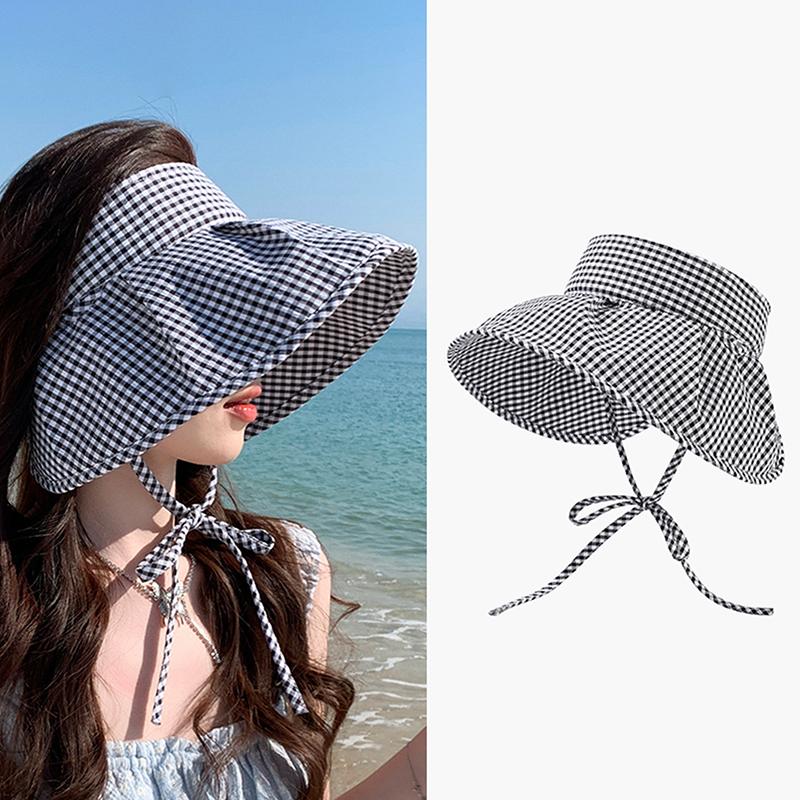 Summer Checkered Sun Hat Foldable Wide Brim Empty Top Beach Hat Breathable Uv Protection Women Sun Shade Visors