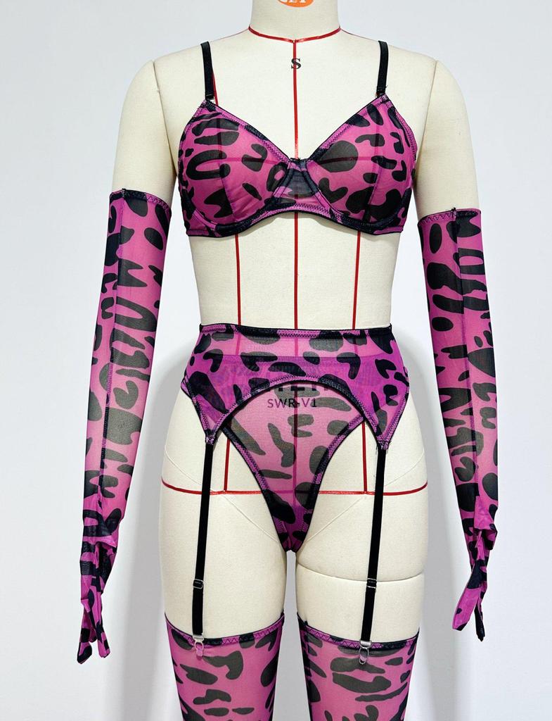 "Colorful Tie-Dye European & American 5-Piece Lingerie Set with Gloves and Stockings"